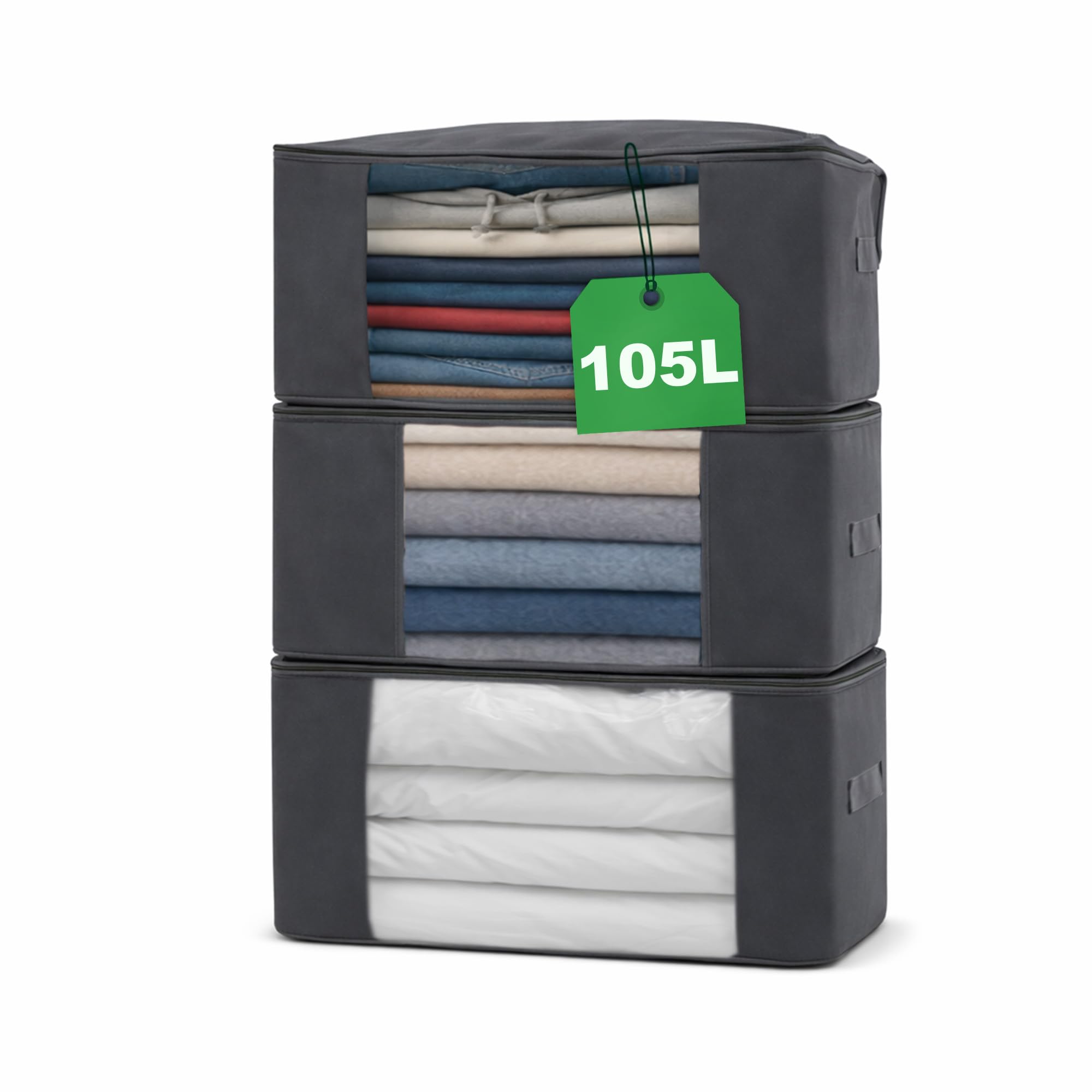 Libbi Lou Set of 3 Underbed Storage Bag – 35L Foldable Fabric Organisers with Clear Window & Handles – Compact Storage Boxes for Clothes, Bedding & More – 48x36x20cm