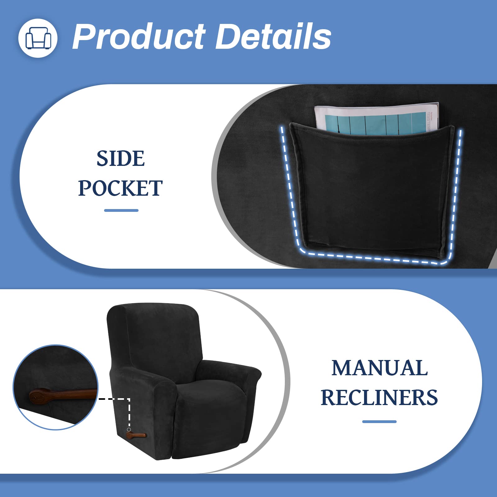 WEERRW Housse de fauteuil inclinable en velours très extensible, lavable avec base élastique antidérapante pour enfants et animaux domestiques, noir