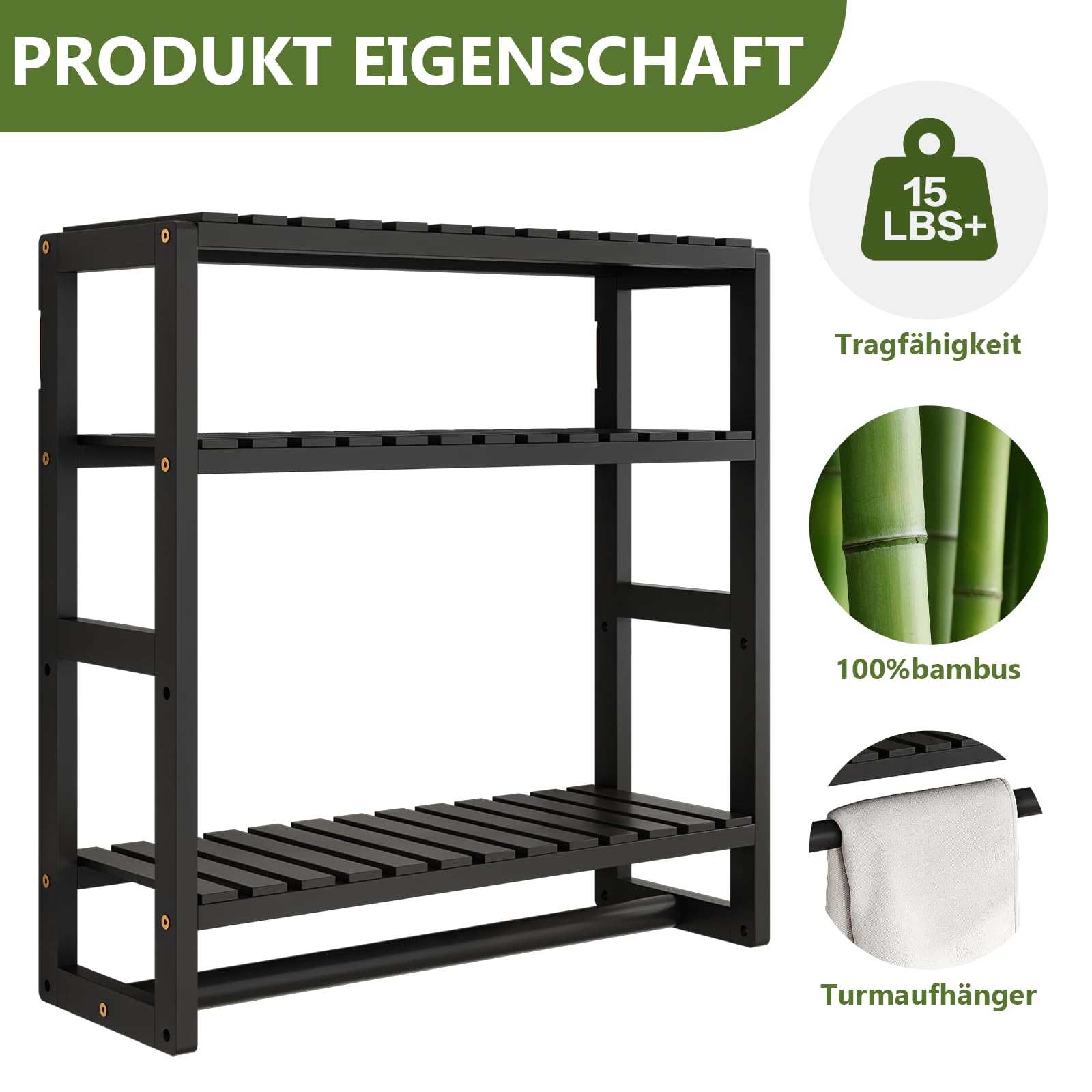 Bamworld Badezimmer Regal Badmöbel Bambus 3 Etagen Organizer Badezimmermöbel Für die Wand Platzsparend Modern （Schwarz）（42x15x42cm）