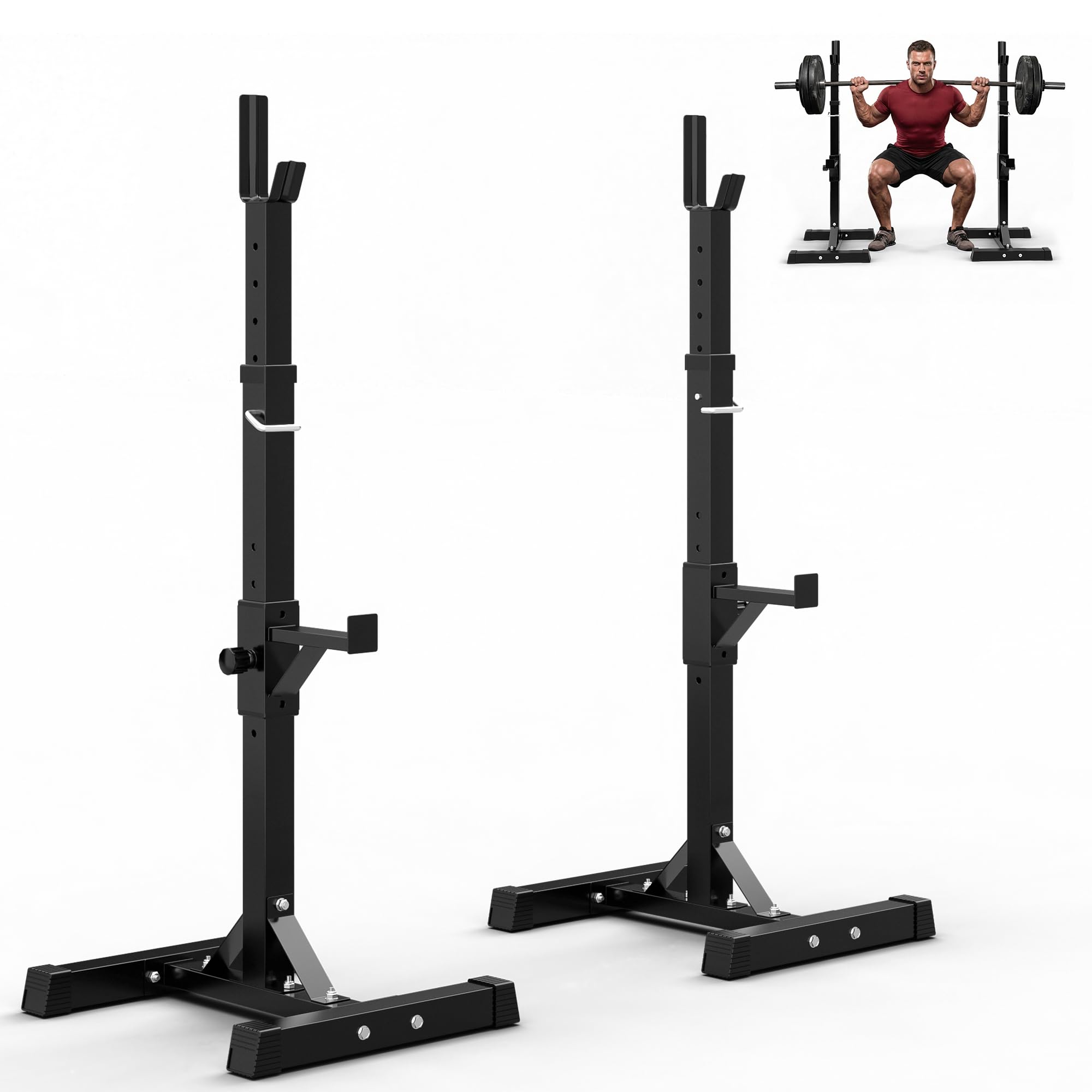 JupiterForce Adjustable Squat Rack Stands Pair of Sturdy Steel Bench Press Rack, Barbell Rack, 40''-66'' 550lbs Max Load Portable Weight Lifting Dumbbell Racks Stands for Home Gym, Black