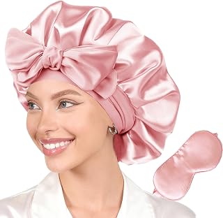 Silk Satin Bonnet With Sleep Eye Mask 2Pcs Womens Hair Bonnets Silky Night Caps For Women Curly Hair Sleep Cap