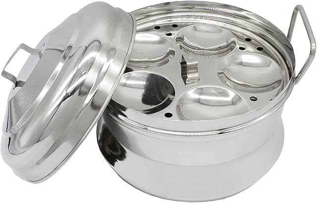Diamond Stainless Steel Gas and Induction Base w/2 Plates, 9 Idlies Round Idly Maker Pot Set (Silver, Small)