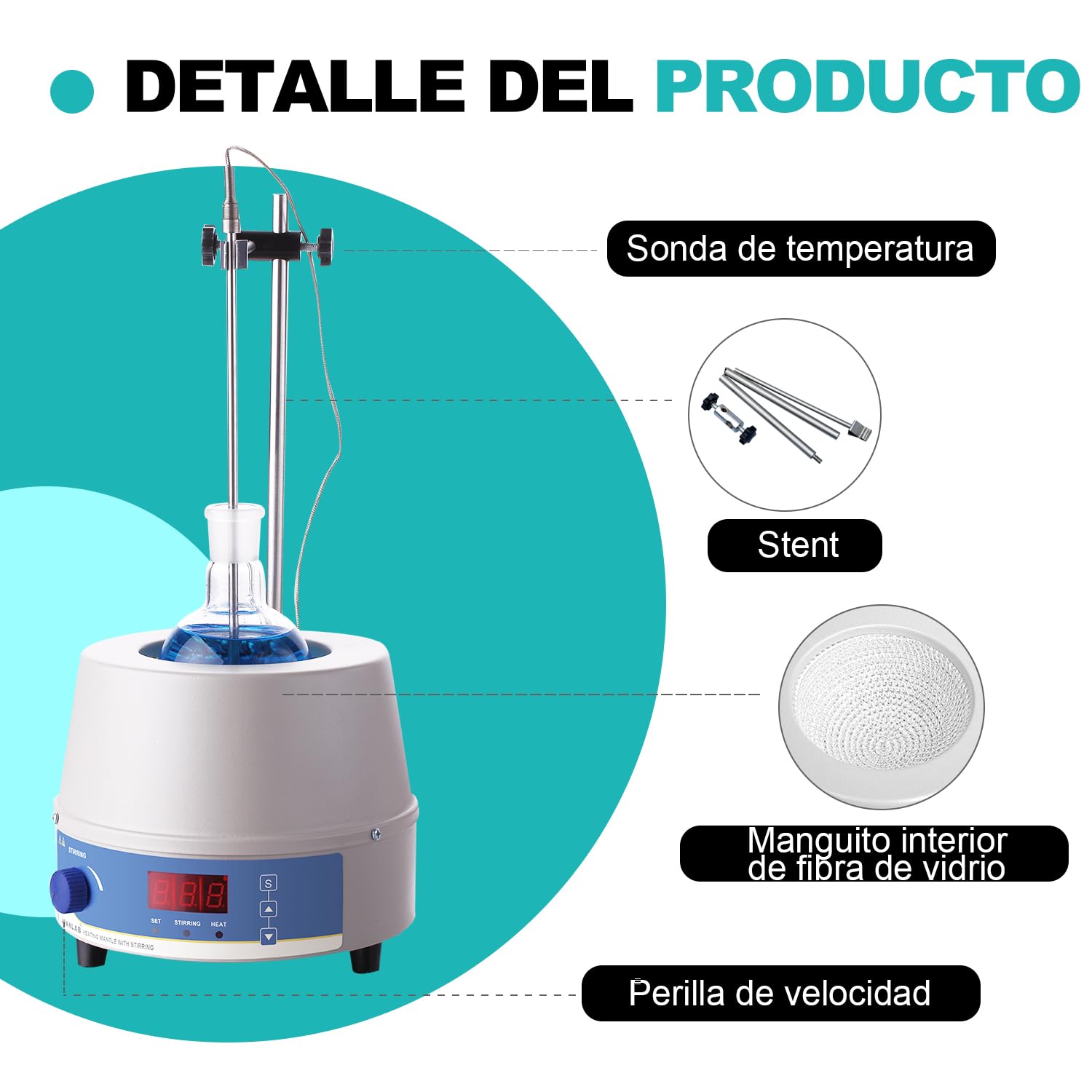 JOANLAB Manto Calefactor Magnético 1000ml, Agitador Magnético Termostático para Laboratorio 350W, con Pantalla Digital, Sonda de Temperatura y Temporizador