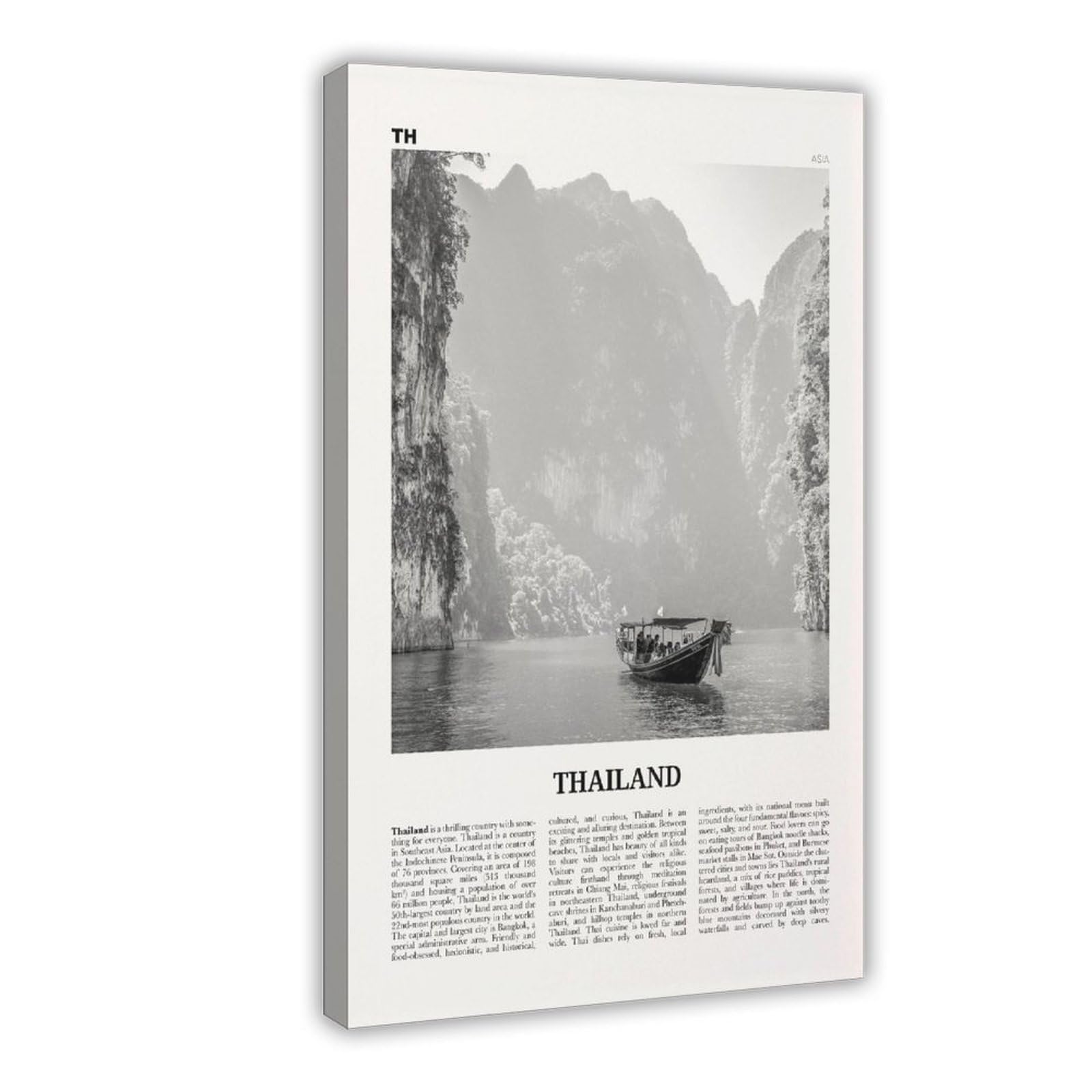 NEOHI Thailand Print Black And White Boat, Ratcha-anachak, Thai, Siam, Bangkok, Asia City Travel Landscape Canvas Modern Poster Wall Art Prints Paintings Living Room Bedroom Decor 24x36inch(60x90cm)