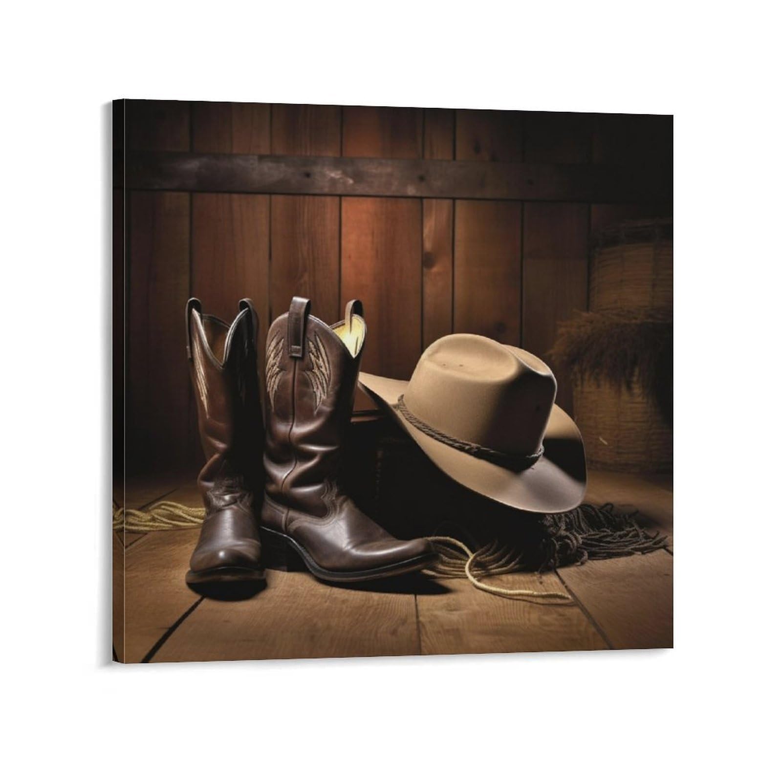 Cowboy Black Hat Western Boots Canvas Wall Art for Bedroom 20x20inch(50x50cm) Canvas Prints Artwork for Walls Modern Picture Artwork Painting for Living Room Aesthetic Wall Paintings for Bathroom Kitc