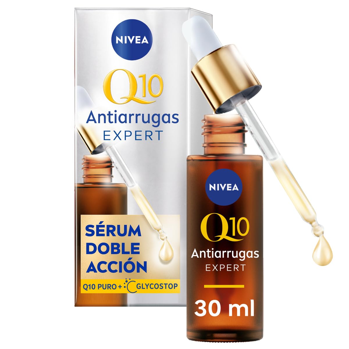 NIVEA Q10 Antiarrugas Expert Sérum Doble Acción (30 ml) - Sérum Facial Antiedad, Tecnología Antiglicación, Bloquea Daños por Azúcares - Piel Seca, Mixta, Normal - 30 ml