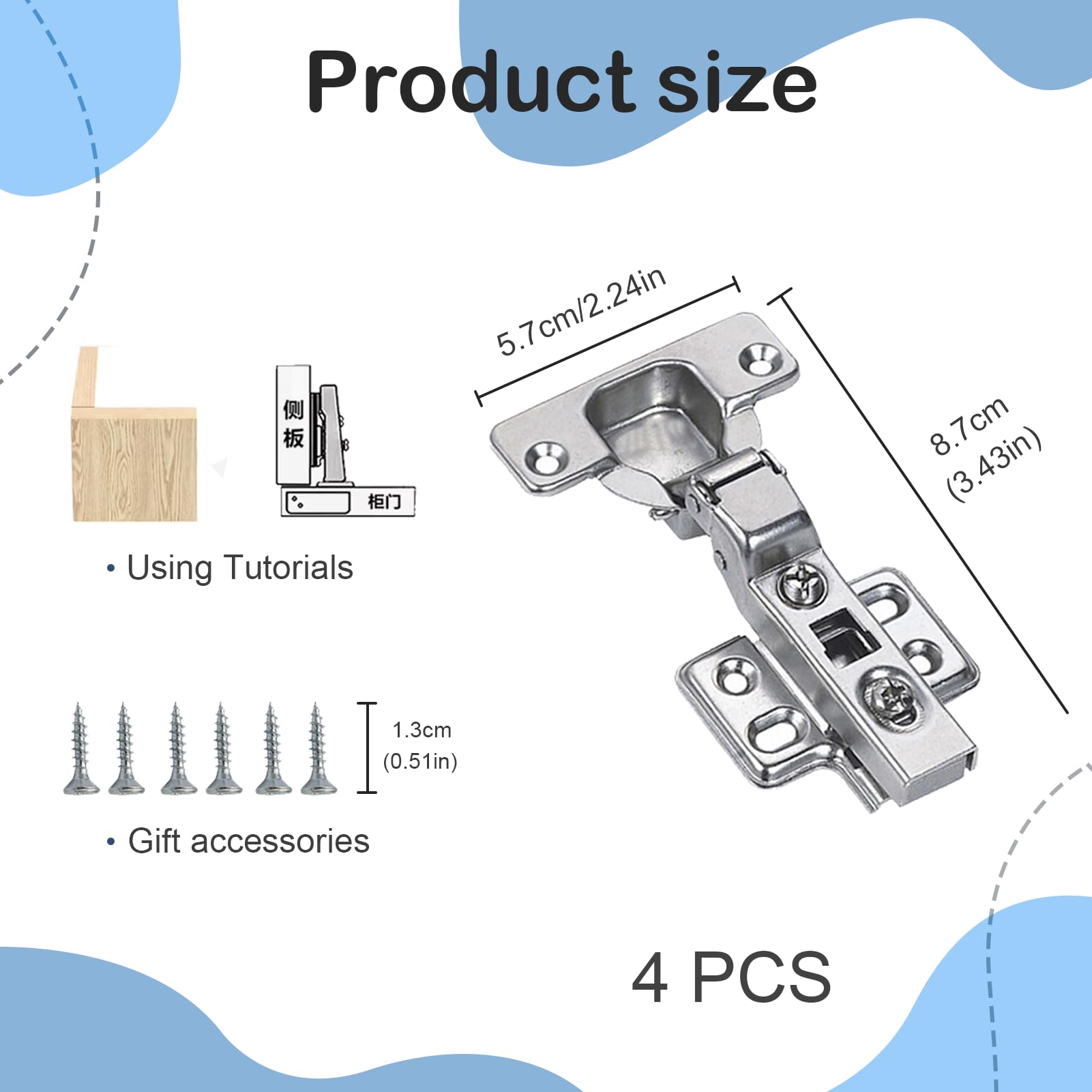 4 Pcs Kitchen Cupboard Hinges with Screws, Kitchen Cabinet Hinges, Snap Close Hinge, Full Overlay Mute Door Hinge - Image 2