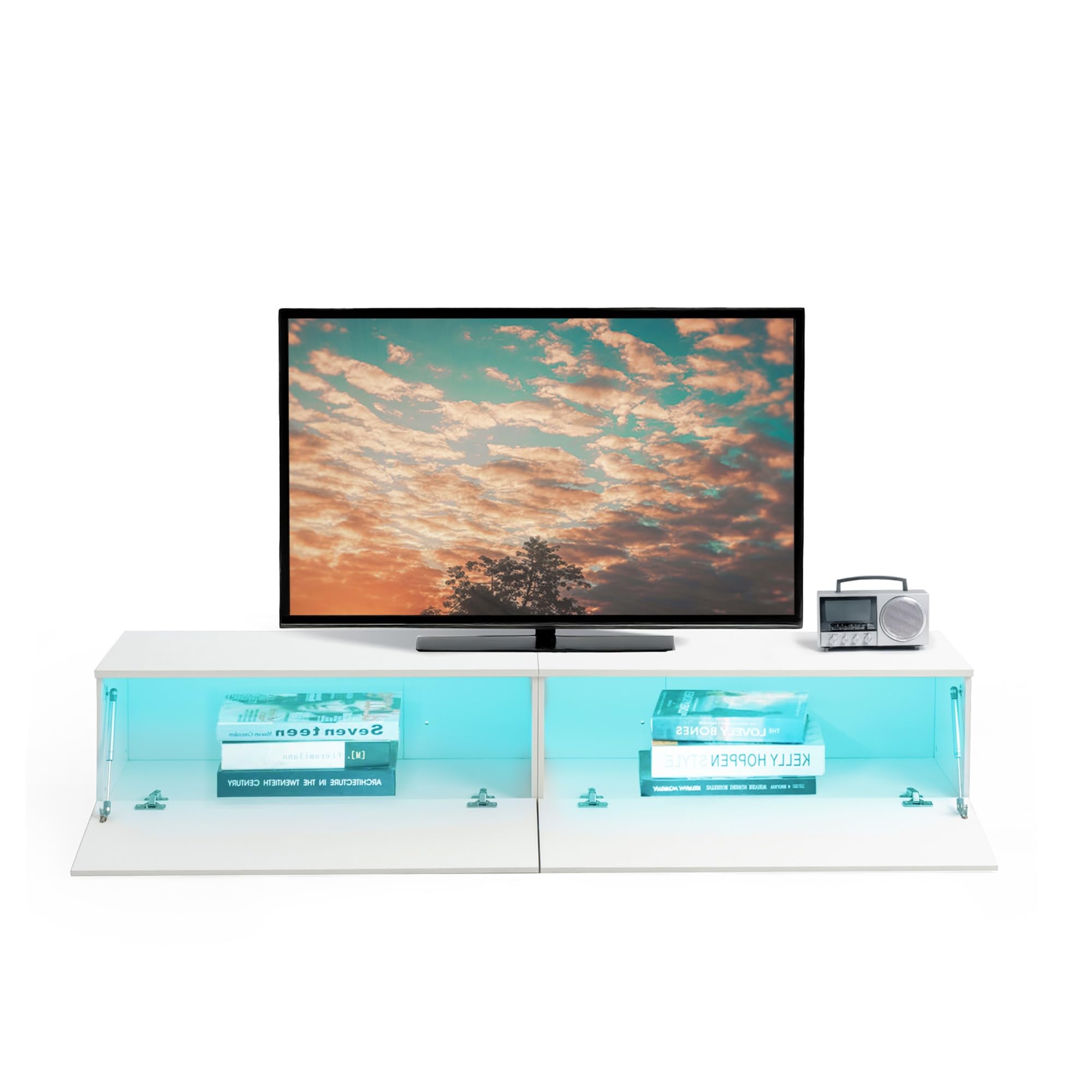 Mueble de TV Moderno Con Iluminación LED, Colgante o de Pie, 180 cm de Longitud, Madera Blanca Con Almacenamiento, Para Pared o Suspendido