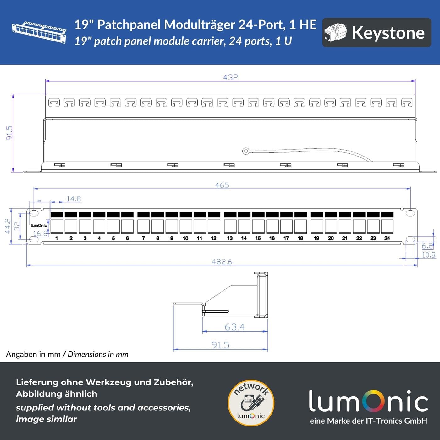 Lumonic 19" Patchpanel CAT7 Keystone-Set | 24 Port, 1HE mit Beschriftungsfeld | inkl. 24x CAT7 Module werkzeugfrei, 10 Gbit/s | Rackmontage | schwarzes Patchfeld | Kabelmanagement | PoE