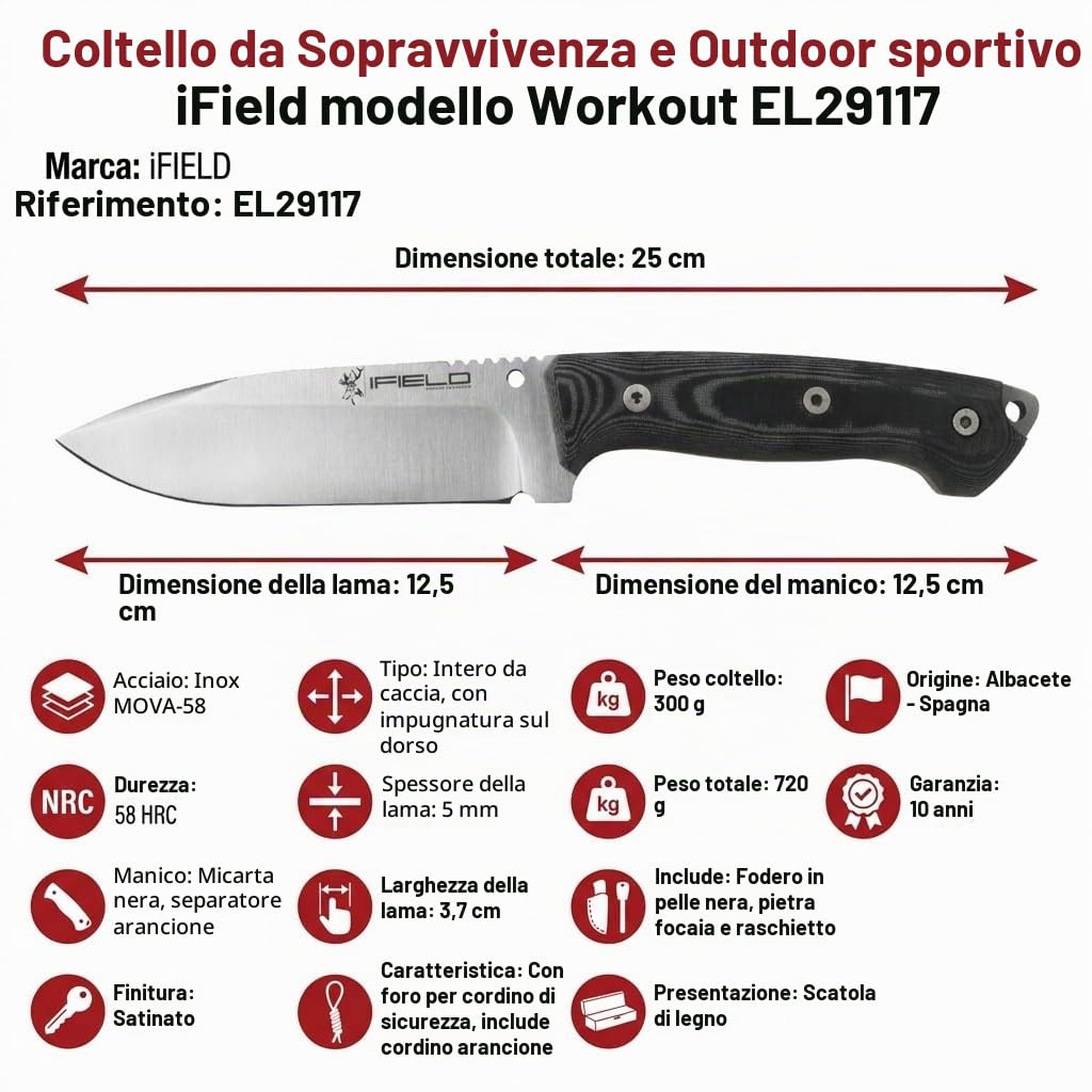 iFIELD EL29117 Multifunzionale scursionismo, caccia e sopravvivenza coltello per l'esterno, manico nero micarta con acciaio inox MOVA-58, made in Albacete (Spagna)