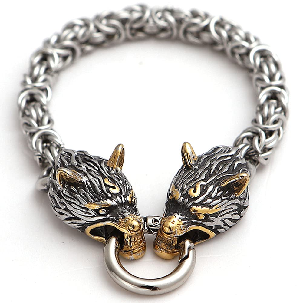 Mannen Roestvrij Staal Koningsketting, Noorse Viking Wolf Hoofd Keltische Fenrir Armband Sieraden, Handgemaakte Carving Vintage Totem Manchet Armband, Wolf,23cm/9.05 in