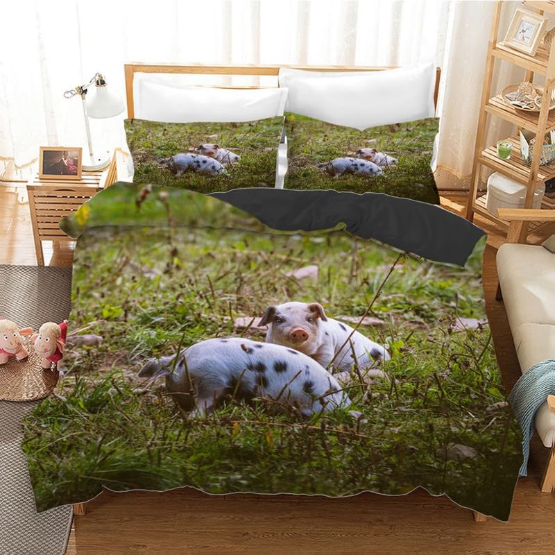 Housse de couette 220x240 cochons verts avec parure de lit adulte 2 taies d'oreiller 65x65cm doux