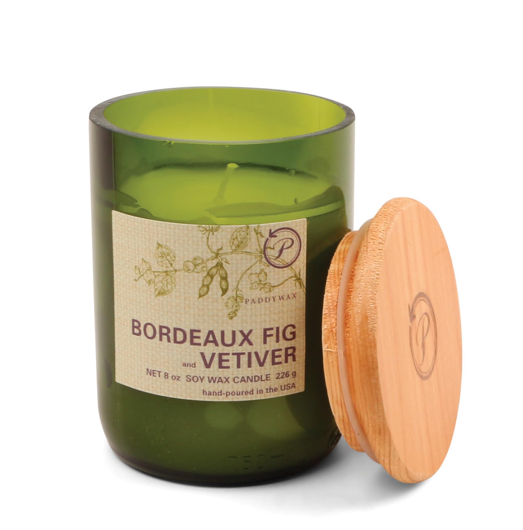 Paddywax Bordeaux Fig & Vetiver Scented Candles Eco Green Artisan Candle In Recycled Glass Vessel, 226G,