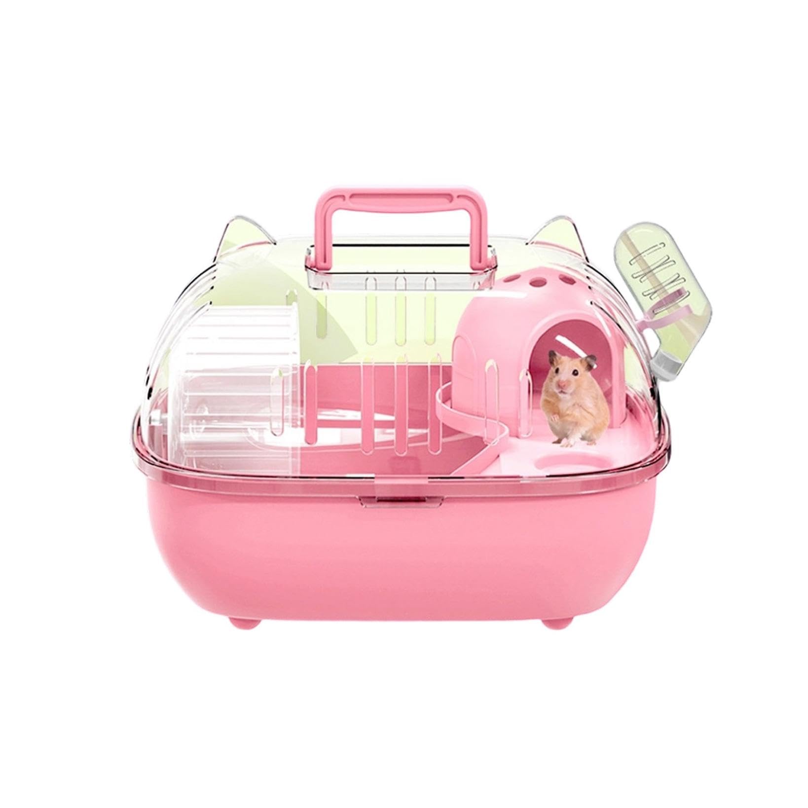 Hamster Travel Carrier, Hamster Carrier Cage with Transparent Cover, Portable Small Animal Carrier Carry Cage with Water Bottle, Suitable for Rabbits Lizards Transport Short Car Trip (Pink)