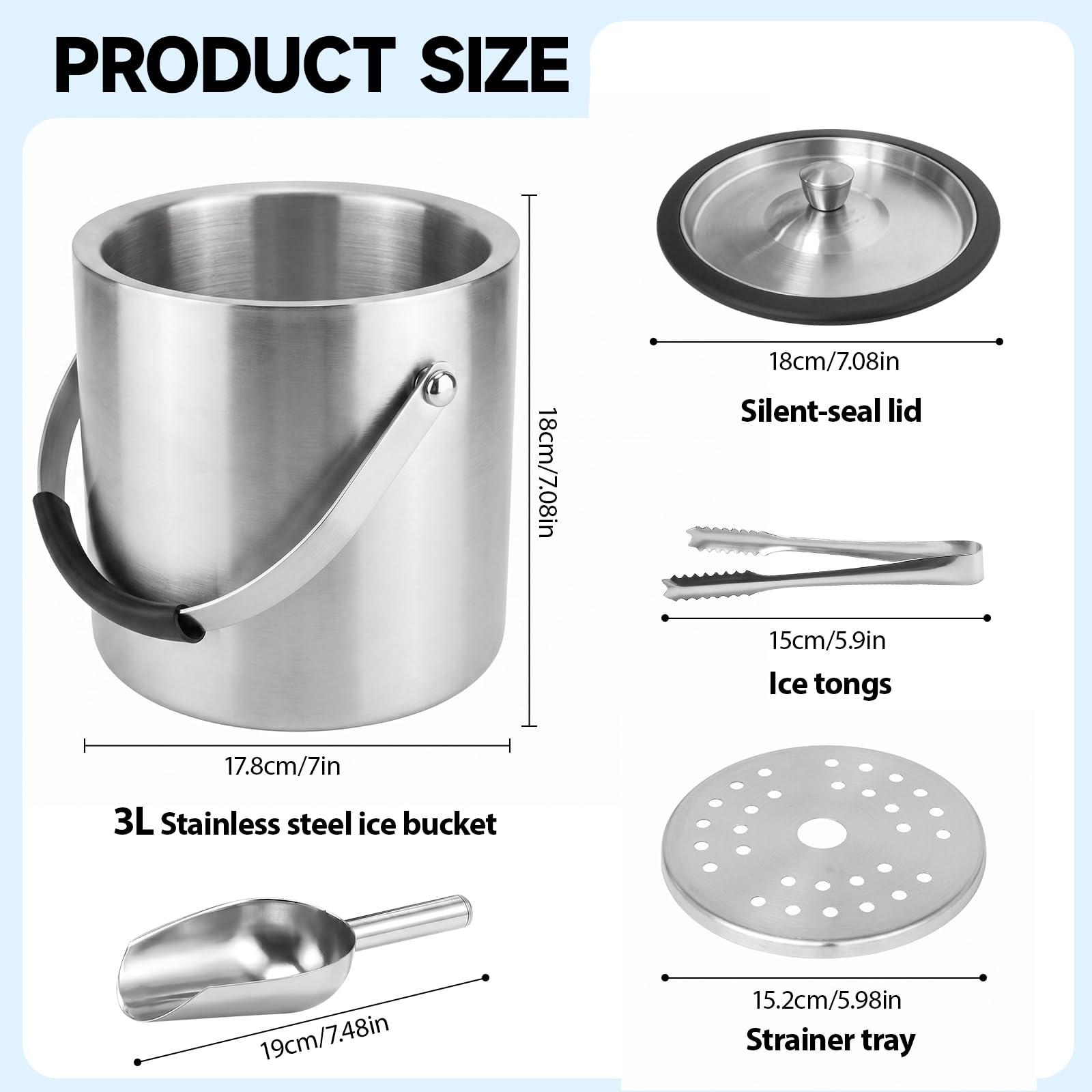 3L Cubitera de Acero Inoxidable, Cubo de Hielo con Tapa, Cuchara, Filtro y Clip Cubitera Aislado de Doble Pared Portátil Contenedores de Hielo para Fiestas, Restaurantes, Picnics, Vino