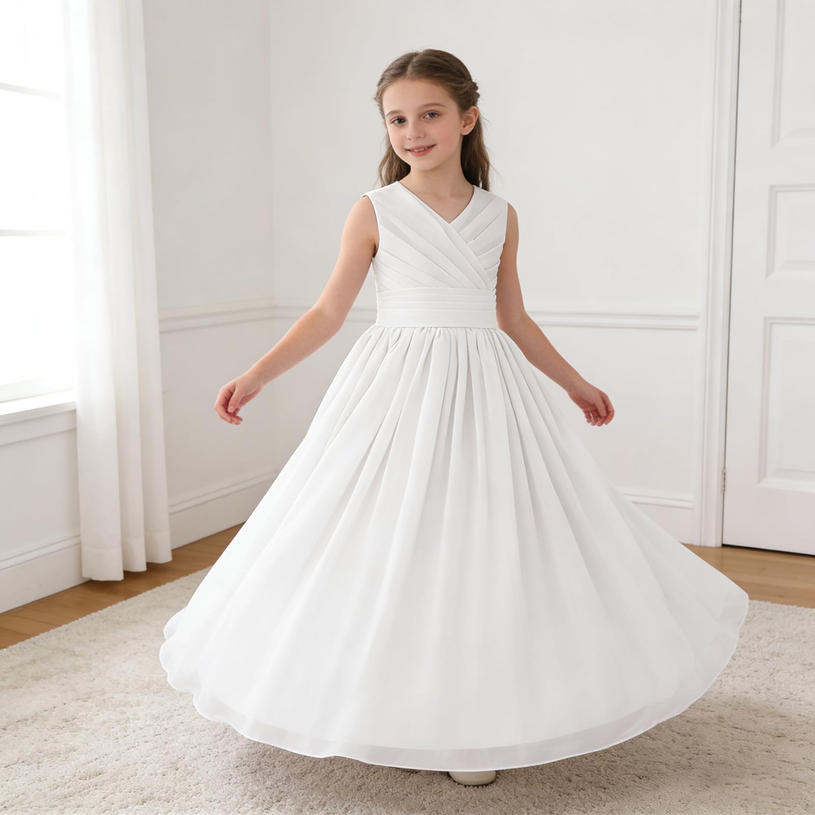 Vestido largo de gasa para niños, estilo bohemio, sin mangas, vintage, elegante, líneas A, vestidos de comunión, bodas, damas de honor, princesa, vestido de tul para niñas, 8-14 años.