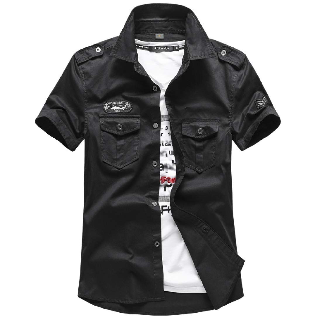 KLJR MenCasual Slim Fit Cotton Short Sleeve Military Button Up Shirts Black US XL