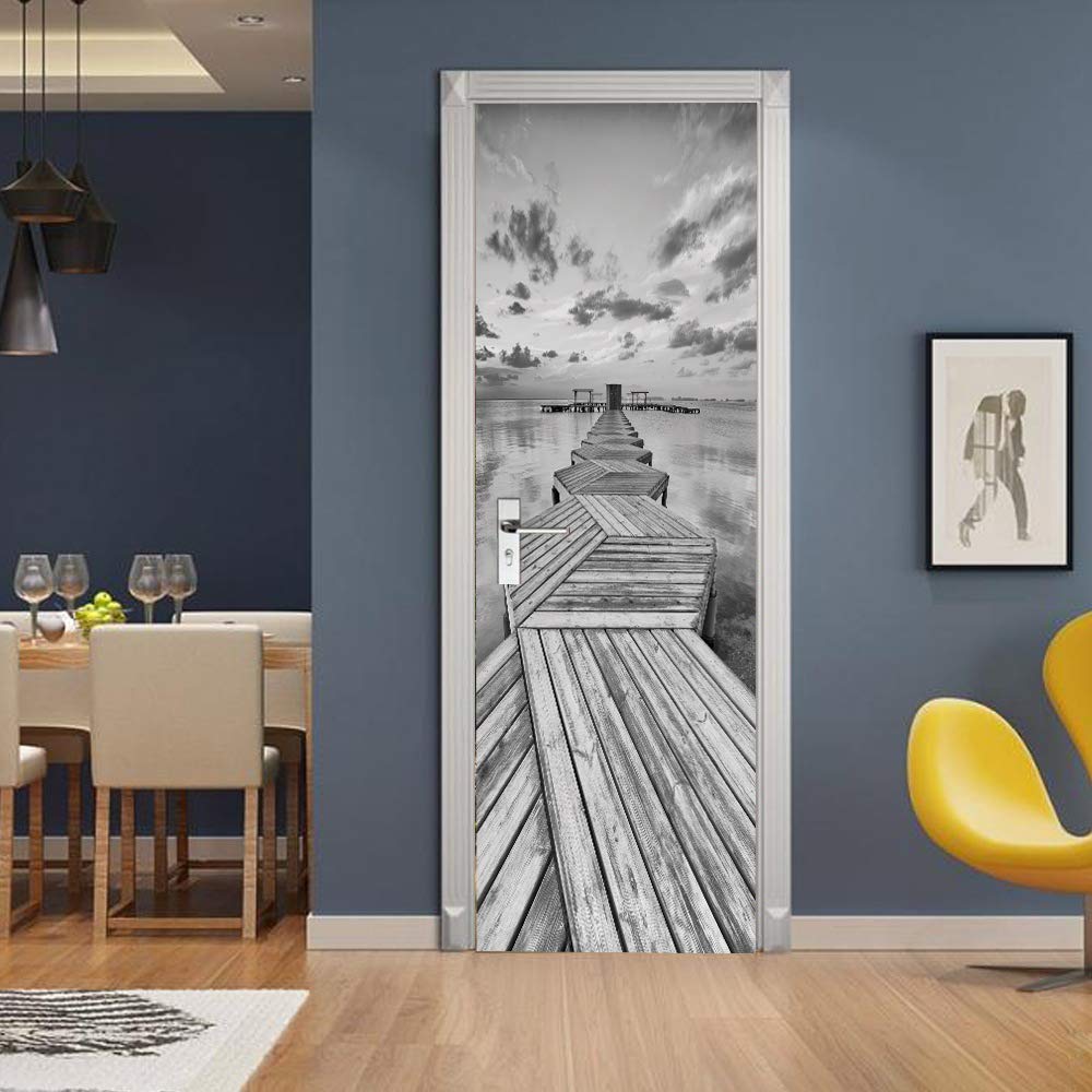 3D Papier Peint Porte Trompe L'oeil Sticker Poster Porte Trompe L'oeil Intérieure Muraux PVC Pour Décoration Mur Salon Cuisine Chambre Salle De Bain 73x205 Cm Paysage Vert Avec Pont Suspendu