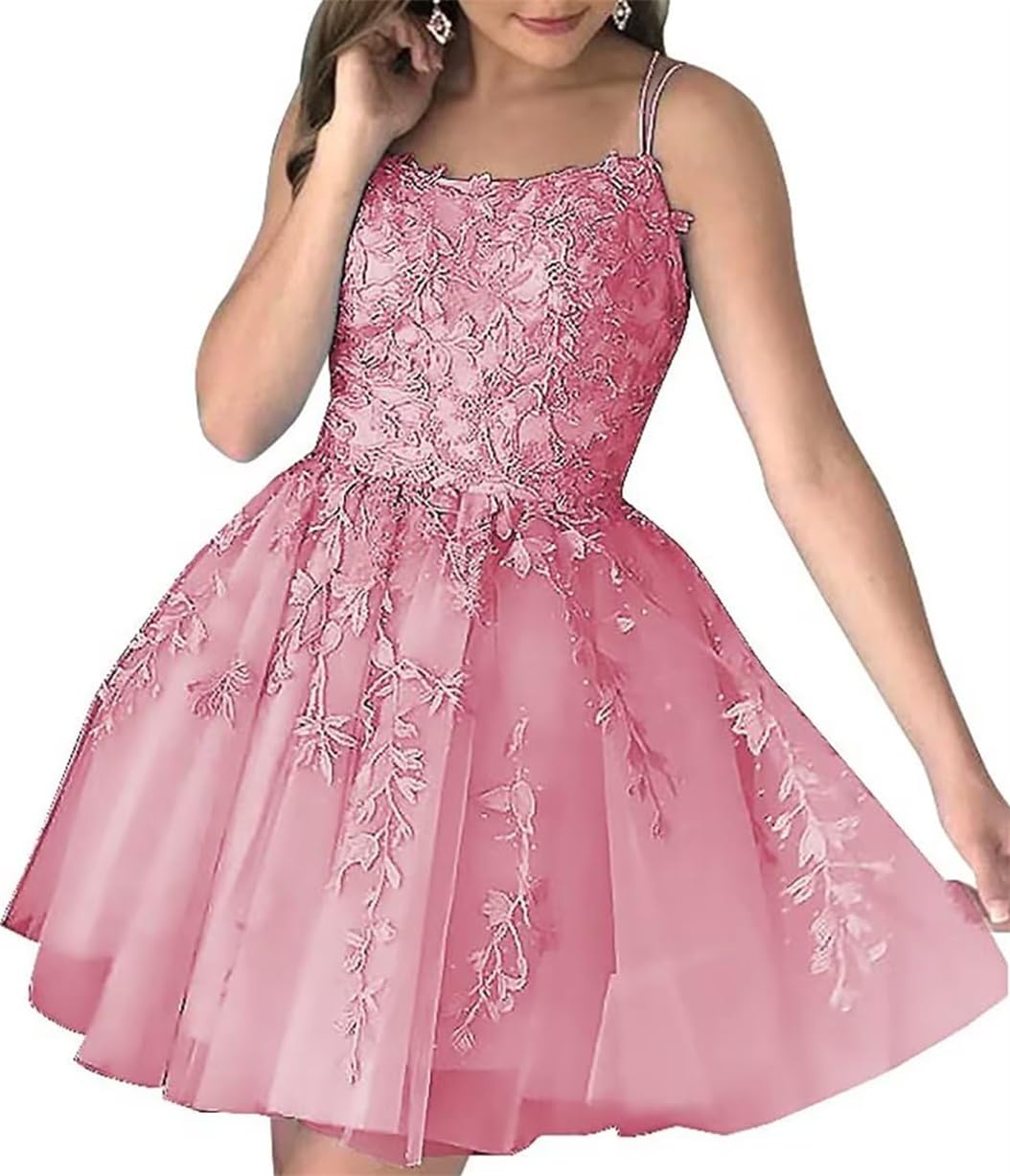 WSEYU Lace Applique Homecoming Dresses for Teens Short Tulle Bridesmaid Graduation Cocktail Party Prom Gown ZM279 Dusty Pink UK8