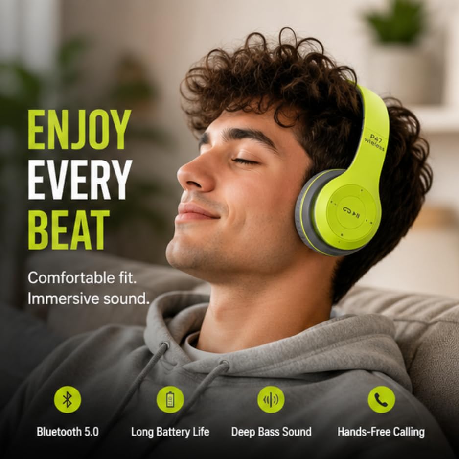Image of P0047 Wireless Bluetooth Headphones with Deep Bass, Foldable Design, Built-in Microphone, Adjustable Headband, Noise Isolation, Stereo Sound for Mobile, Laptop & Tablet (Multicolour). (Green)