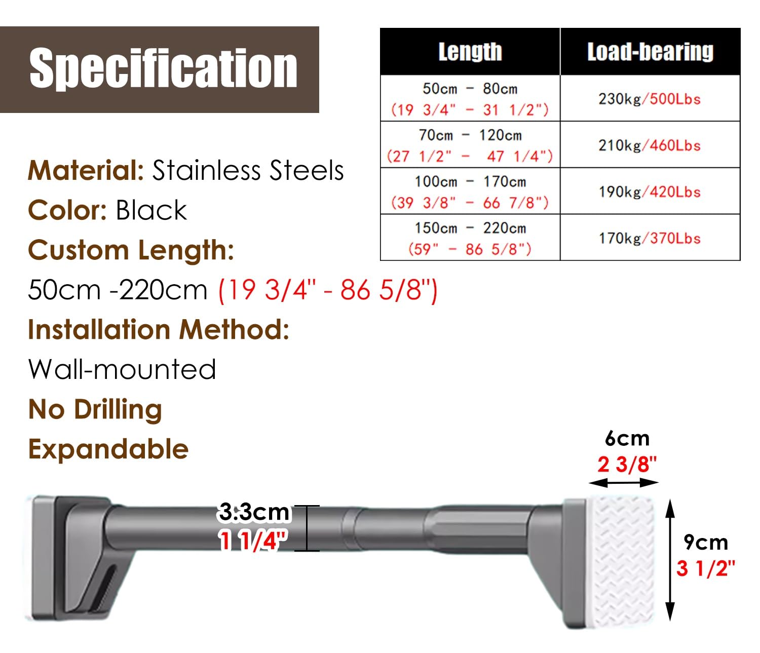 ENHEN Closet Rod Stainless Steel No Drill Clothes Closet Bar, Adjustable Wall Mount Expandable Shower Curtain Rods with End Supports, Valet Garment Organizer(Black,70-120cm(27.6-47.2in))