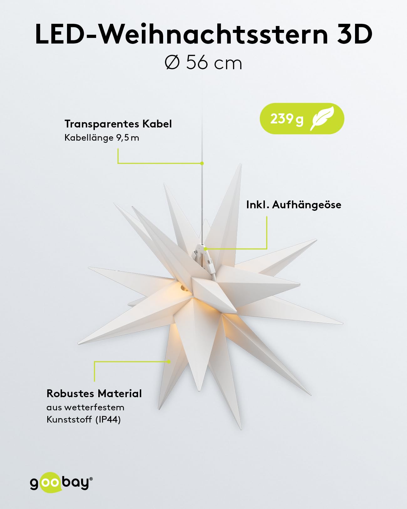 goobay 64789 Gwiazda bożonarodzeniowa LED 3D Ø 56 cm/gwiazda z 18 zębami i timerem/dekoracja bożonarodzeniowa/gwiazda LED zapewnia nastrojową atmosferę/transformator zewnętrzny 4,5 V/dekoracja