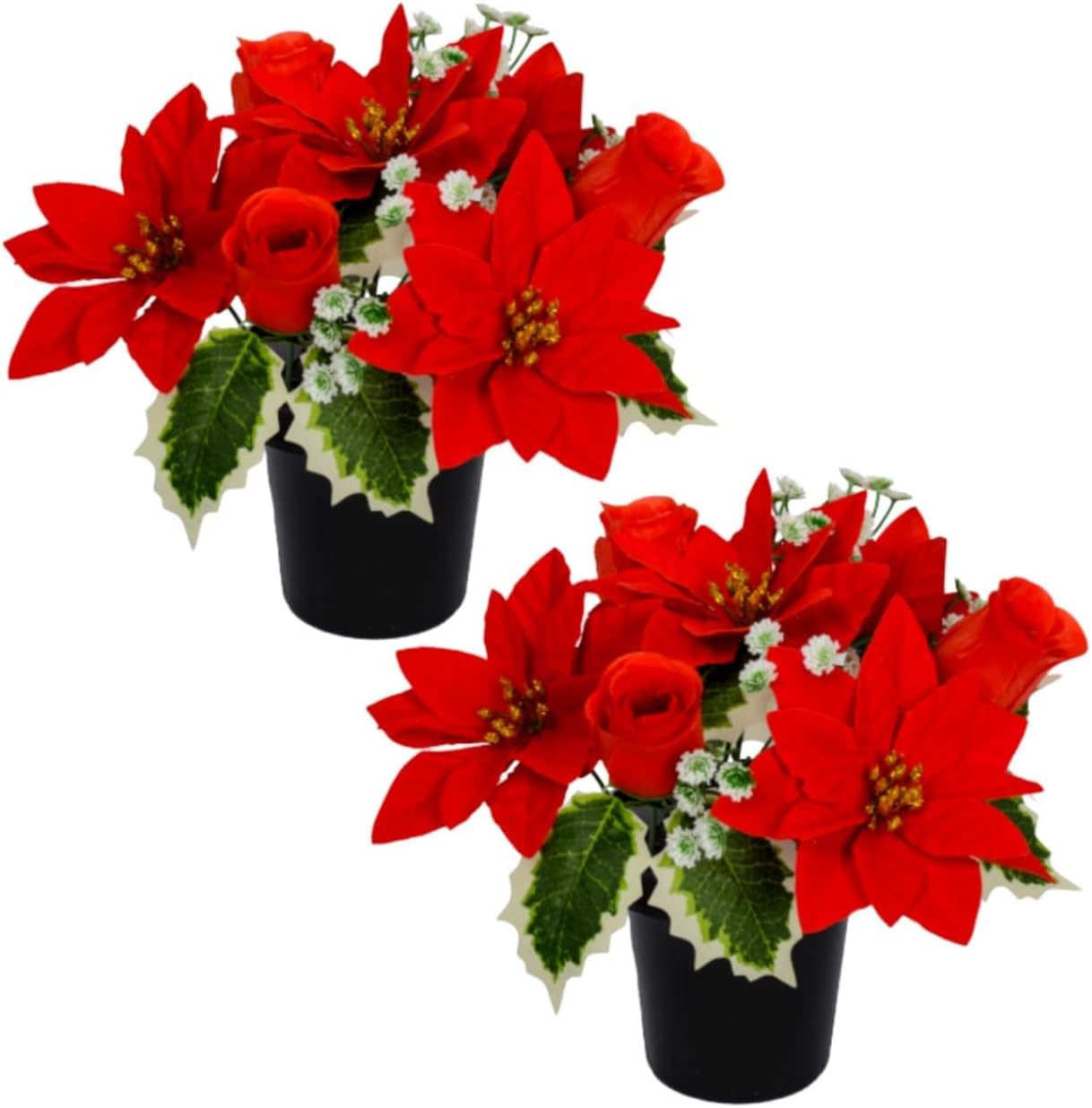 Homesecret Rose And Poinsettia Pot 2X Pack 2 Christmas Artificial Flowers For Graves In Pots| Red Poinsettia With Rose Heads| Cemetery Artificial Poinsettia Grave Flower Pots | Durable Grave Pot For Floral Arrangement Decorations