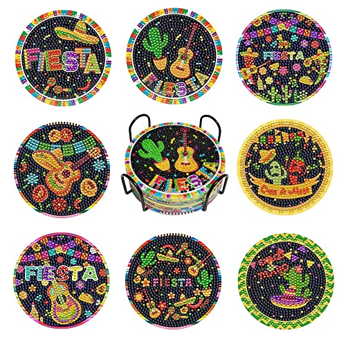 EVECILOO 8PCS Mexican Theme Diamond Art Painting Coasters Kits, Cinco de Mayo Fiesta DIY Diamond Coasters with Holder for Adults and Kids Art Craft Supplies Gift
