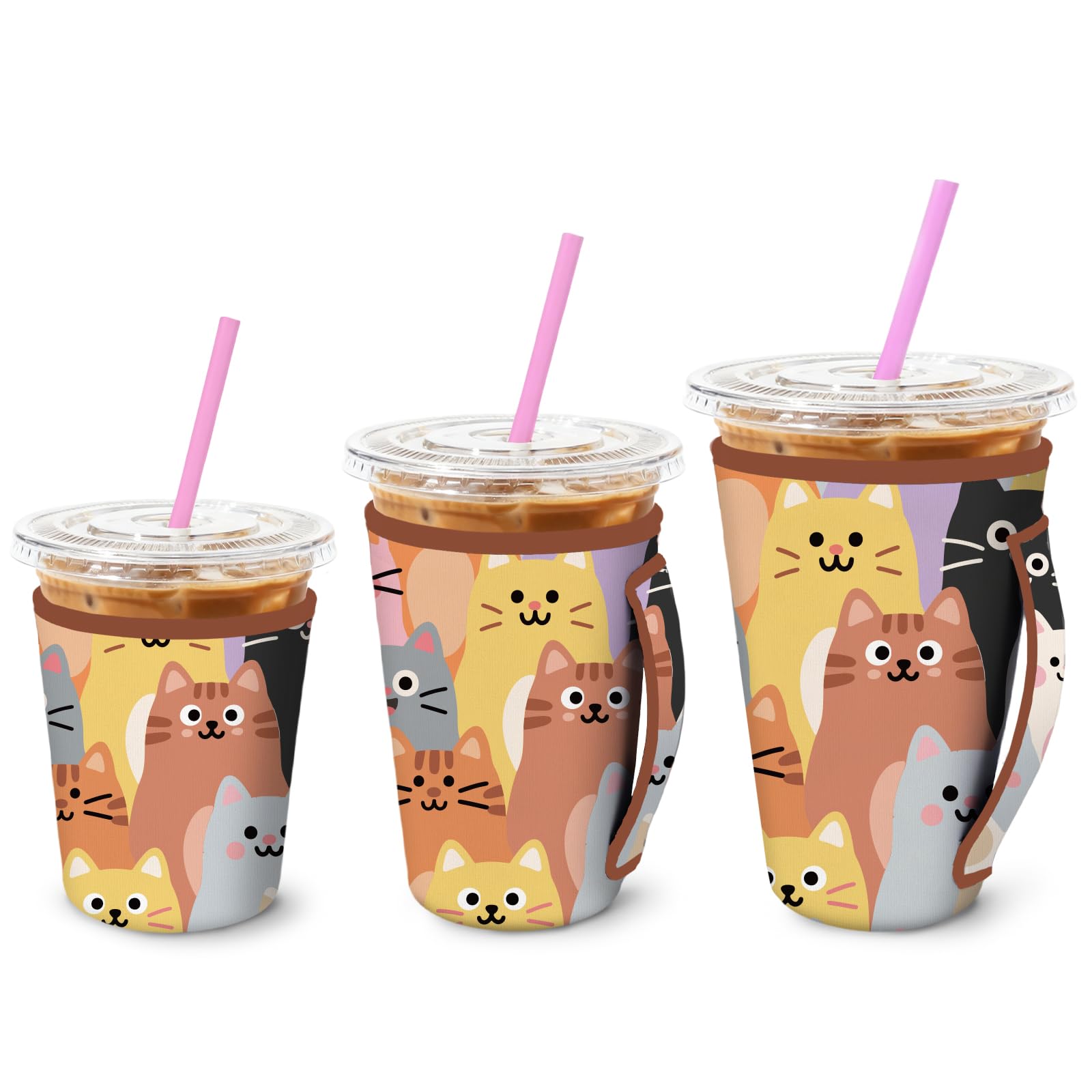 MAYJOYDIY 3 Pack Pet Cat Iced Coffee Sleeves Reusable Neoprene Insulated Sleeves Animal Cup Covers with Handle 3 Sizes for Hot and Cold Drinks Fit 16-32oz Coffee Cups(Cute Cats)