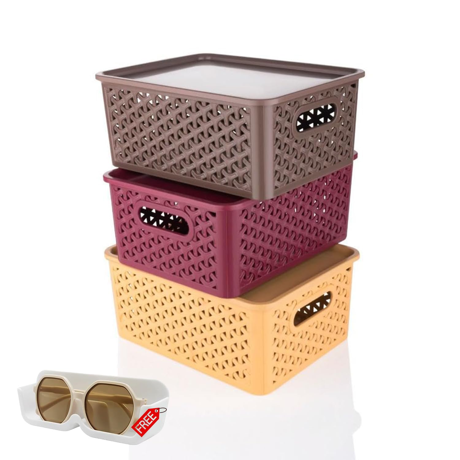 RUSHIL WERE Multipurpose Solitaire Storage Basket with Lid | Free 1 Wall Eyeglasses Holder | Strong Plastic Material & Side Grip | Size Small 25 x 19 x 10.5 | Multipurpose | Pack of 3 | Multicolor (B0CBVFFNZZ) Amazon Price History, Amazon Price Tracker