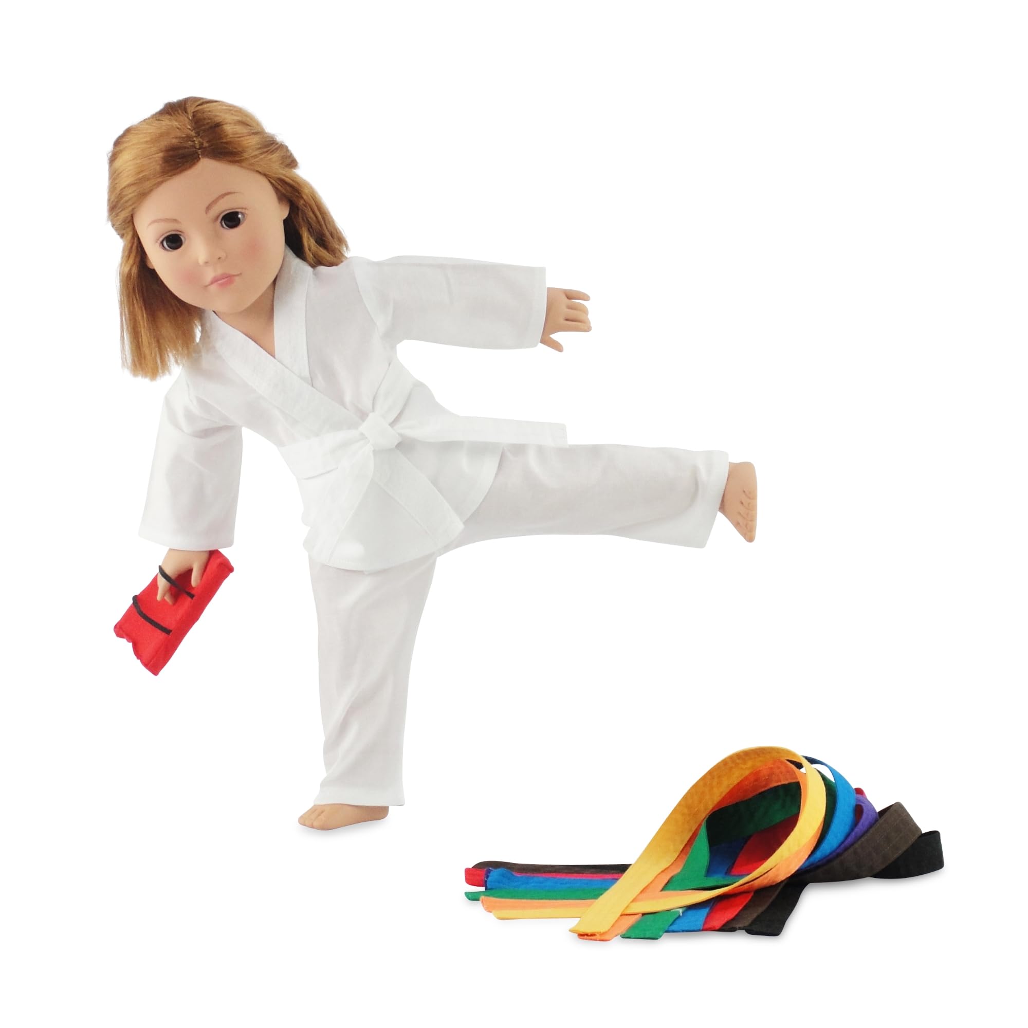 Emily Rose 18 Inch Doll Karate Outfit – 11 Pc Martial Arts Taekwondo Doll Clothes & Accessories Set with 9 Ranking Belts, Gi Uniform, Kick Pad, Gift Boxed from Trusted USA Brand (No Doll)