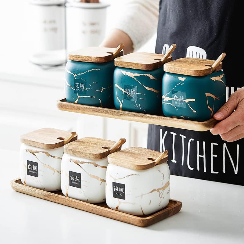 Miniatura 5 de BLUVOS Recipiente de cerámica vintage para condimentos con tapa y cuchara de madera, tarro decorativo para especias, recipientes de almacenamiento