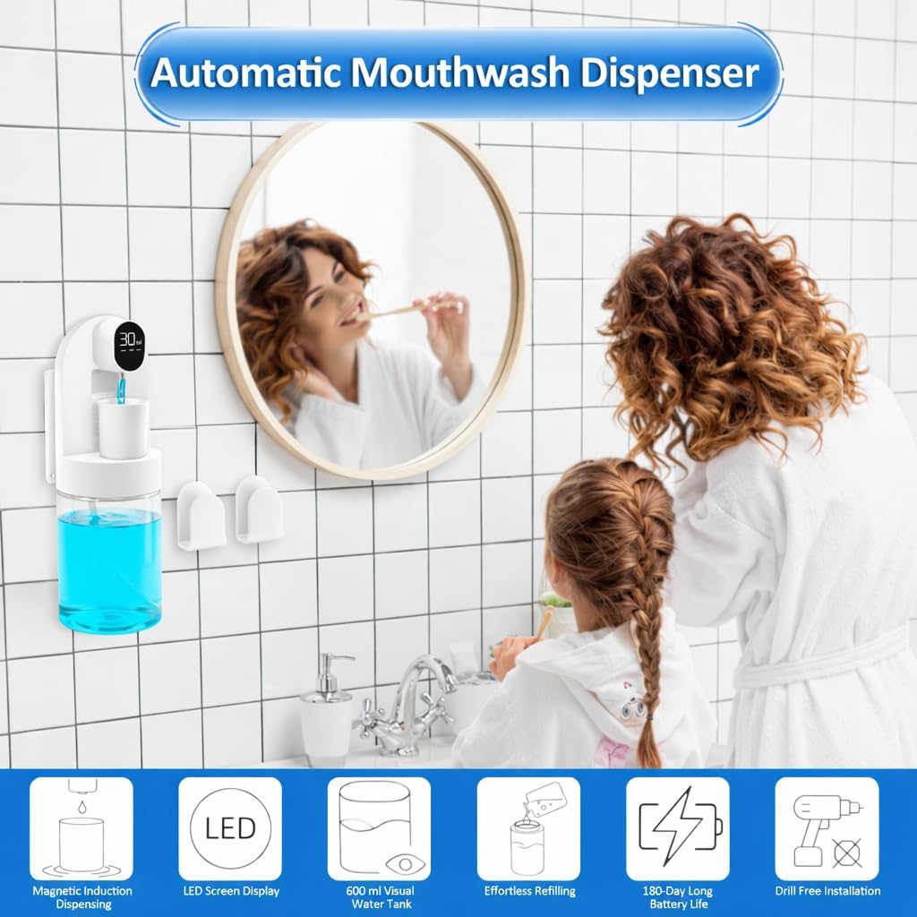 Mouthwash Dispenser for Bathroom, Automatic Mouthwash Dispenser, 20.29 oz Touchless Electric Wall Mounted Mouth Wash Dispenser, 4 Modes with 4 Magnetic Cups for Kids & Adults,Bathroom Accessories Set