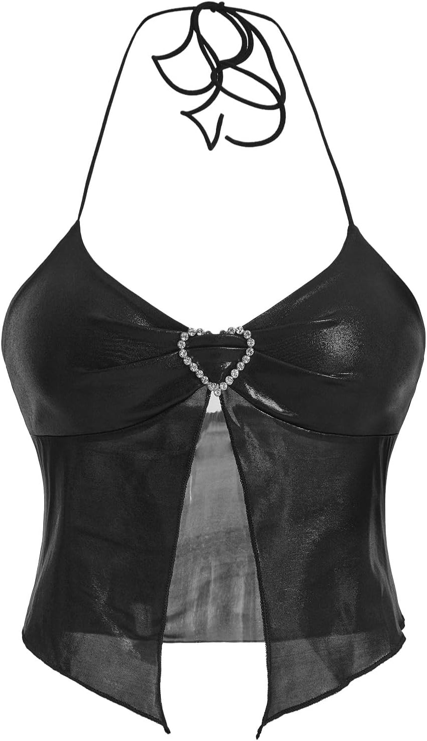Verdusa Women's Y2K Tops Heart Rhinestone Backless Ruched Cami Asymmetrical Split Crop Halter Top