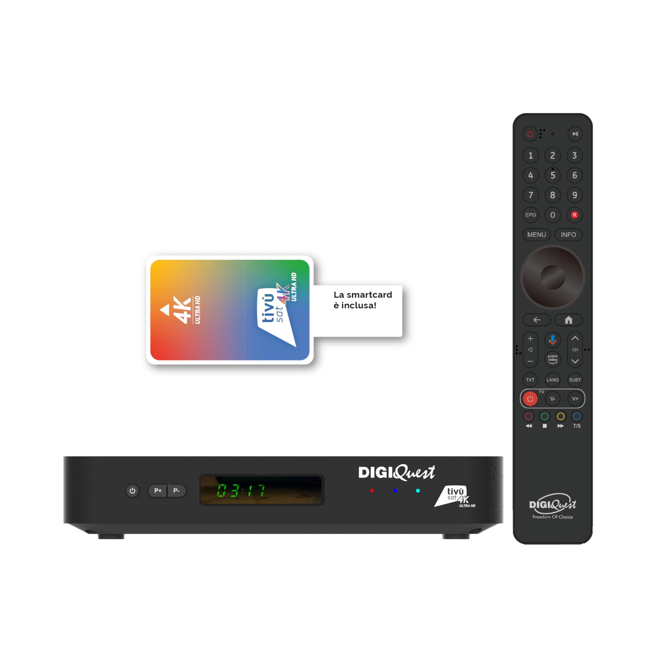 DIGIQUEST AX3_tivùsat | Decodificador Combo 4K tivùsat con triple sintonizador DVB-T2, DVB-S2 HEVC Main 10 (10 bits), Powered by Android TV | Control por voz | Google Cast | Smartcard tivùsat incluida