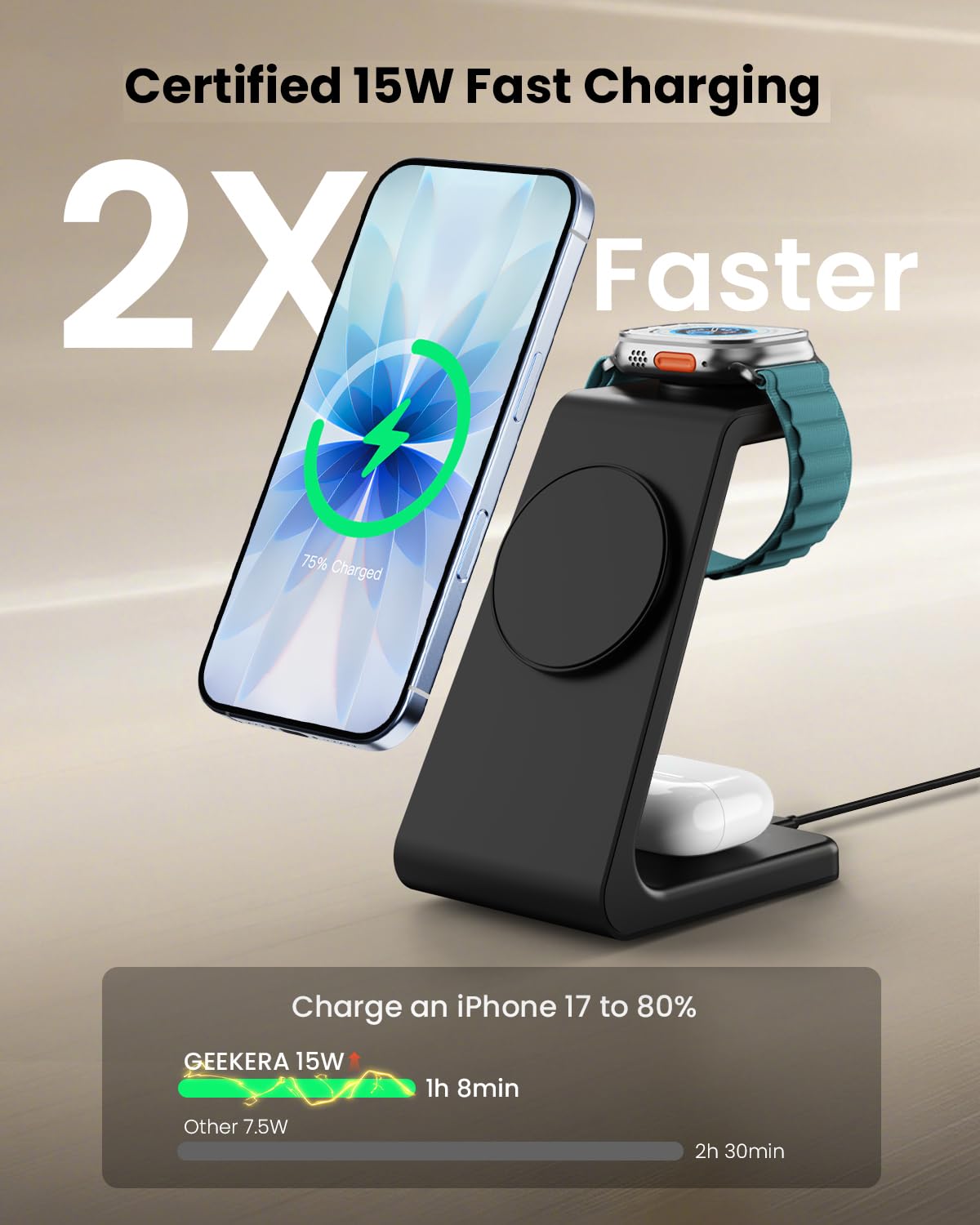 GEEKERA Station de charge sans fil 3 en 1 compatible avec MagSafe, certifié Qi2 15 W, chargeur magnétique sans fil rapide, pour iPhone 16/15/14/13/12, Apple Watch, AirPods 4/3/Pro