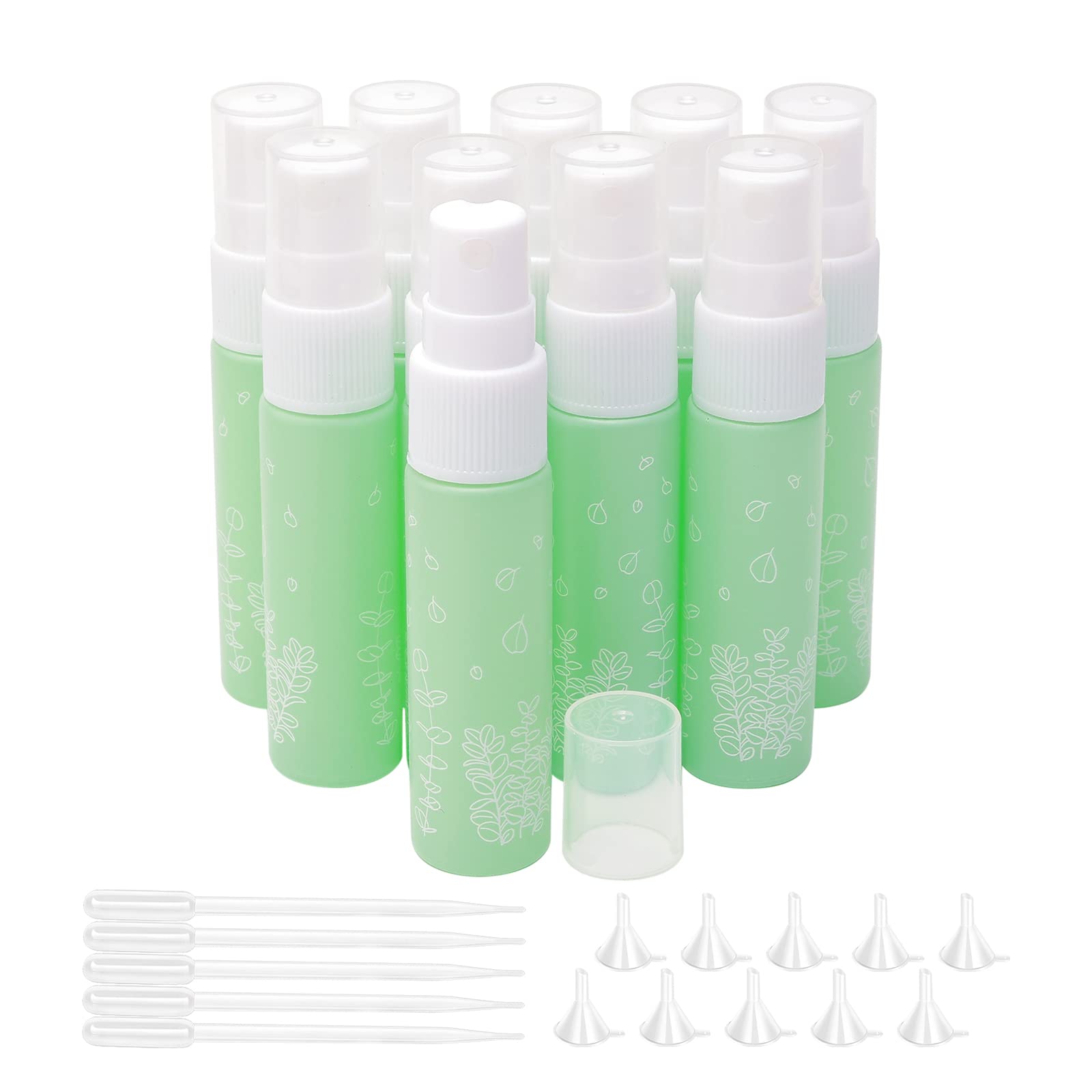 Pxyelec 10pcs Spray Bottle, 10ml Refillable Empty Green Glass Mist Spray Bottles with 10pcs Funnels and 5pcs Droppers, Perfect for Dispense Light-proof Perfume Essential Oil Lotions Toners
