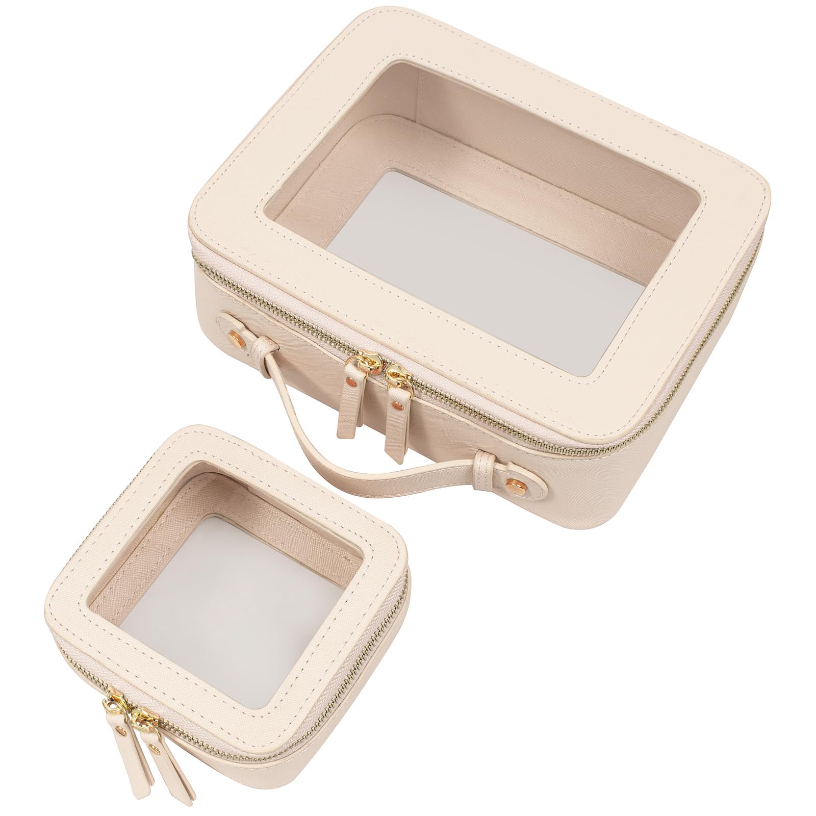 LETGO 2Pack Leather Clear Makeup Bags with Zipper,Majhong Tile Bag Toiletry Bags for Car Essentials PVC Transparent Storage Pouch Travel Portable Lipstick Bag Organizer for Women (Mini+Large Beige)