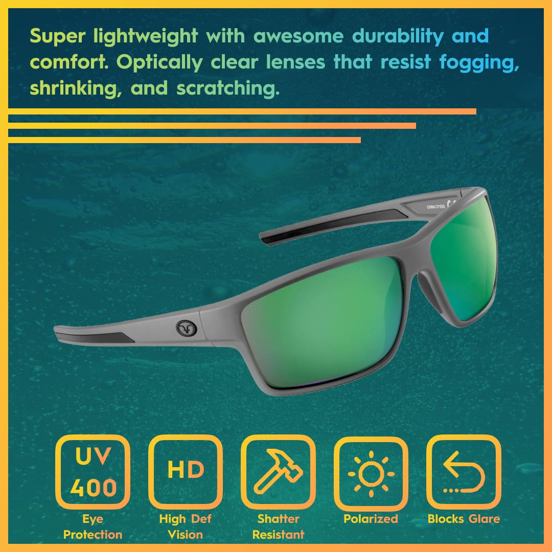 Flying Fisherman Mojarra Polarized Rectangular Sunglasses, Matte Gray Frame/Amber-Green Mirror Lens, Medium, Matte Gray Frame/Amber-green Mirror Lens, Medium