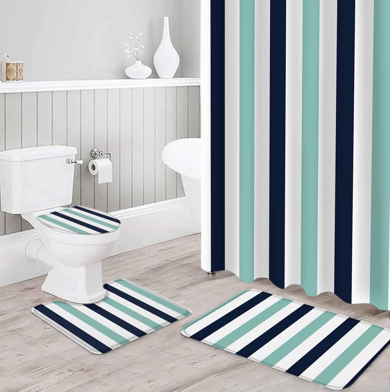 Turquoise Vertical Stripes Bathroom Set with Shower Curtain and Rug Accessories - 36x72 Inches Long Geometric Navy Blue Striped Stall Curtain Waterproof with Large Bath Mat,Washable Runner Rug Set