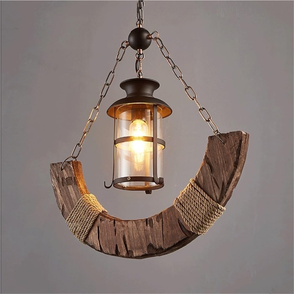 BLOOHK Rustic Wood Pendant Light, Crescent Shape Lantern Chandelier with Hemp Rope Wrapped, Industrial Farmhouse Hanging Ceiling Fixture for Kitchen Island