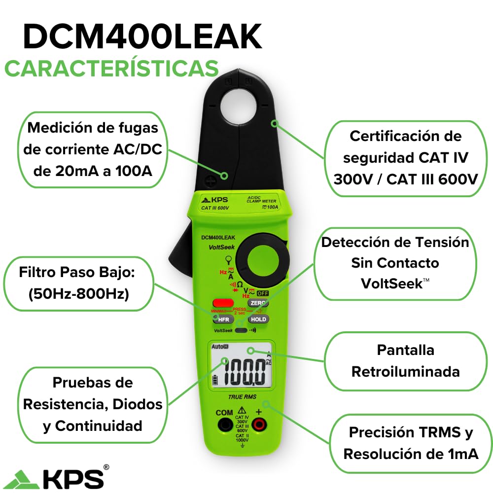 KPS-DCM400LEAK Pinza de Fugas de Corriente TRMS 20mA a 100A AC/DC Voltaje 1000V AC/DC Filtro Pasabajo 50Hz - 800Hz y NCV