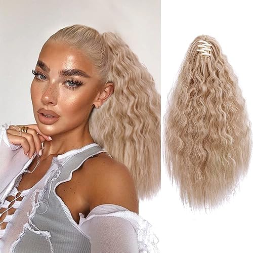 LE SECRET Extensión de cola de caballo para mujer, extensiones de cabello sintético ondulado de maíz, cola de caballo (14 pulgadas, rubio medio