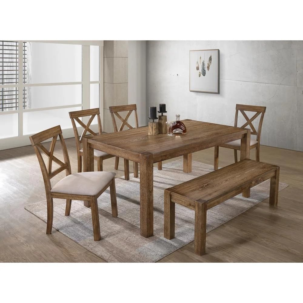 Wood Dining Bench in Driftwood and Natural Oak, Transitional Entryway Bench, Supports Up to 500 lbs for Dining Room Use