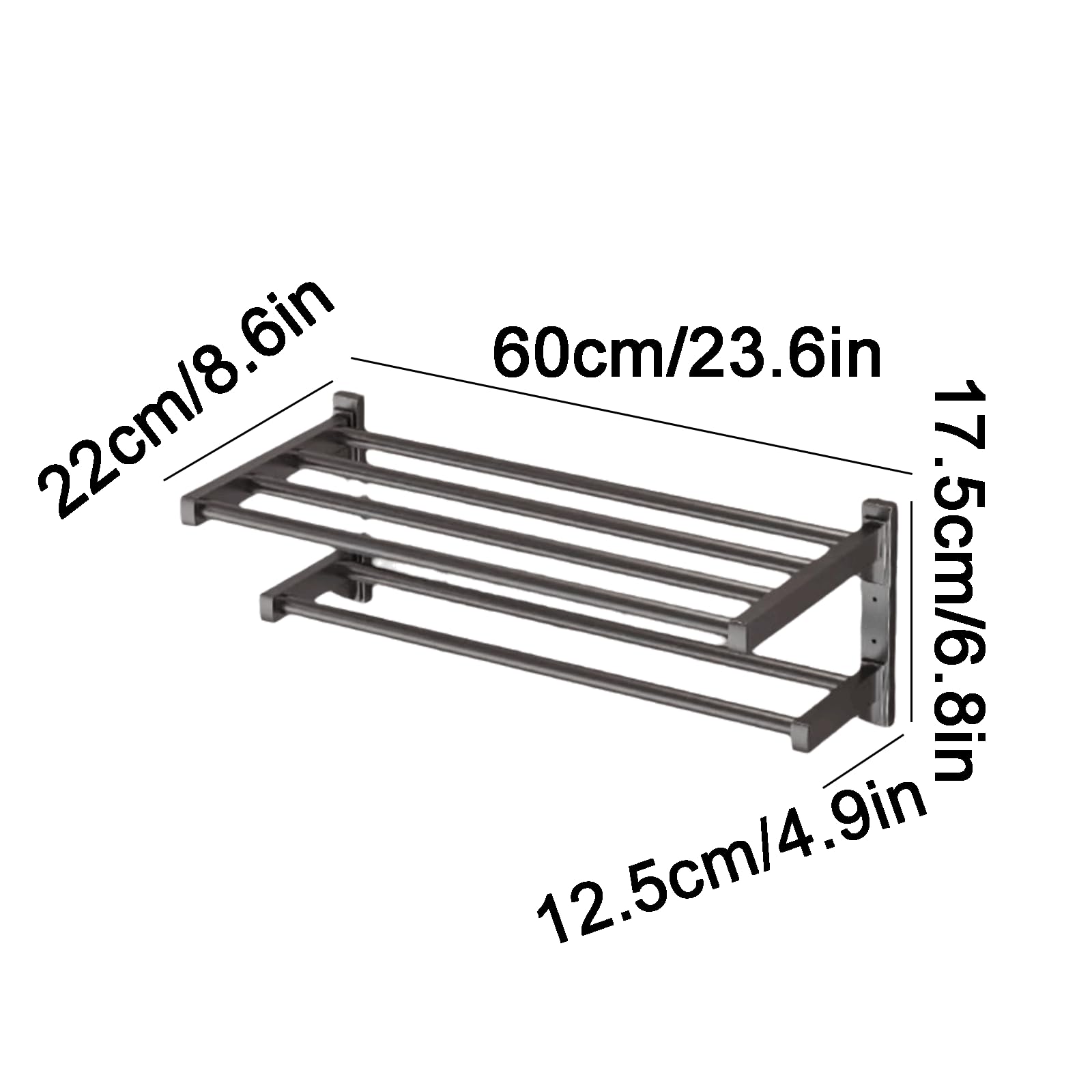 Toallas de Pared, Toallero de baño de Acero, 60 x 22 x 17,5 cm, Gris y Negro, for Montaje en Pared, Paquete de 1
