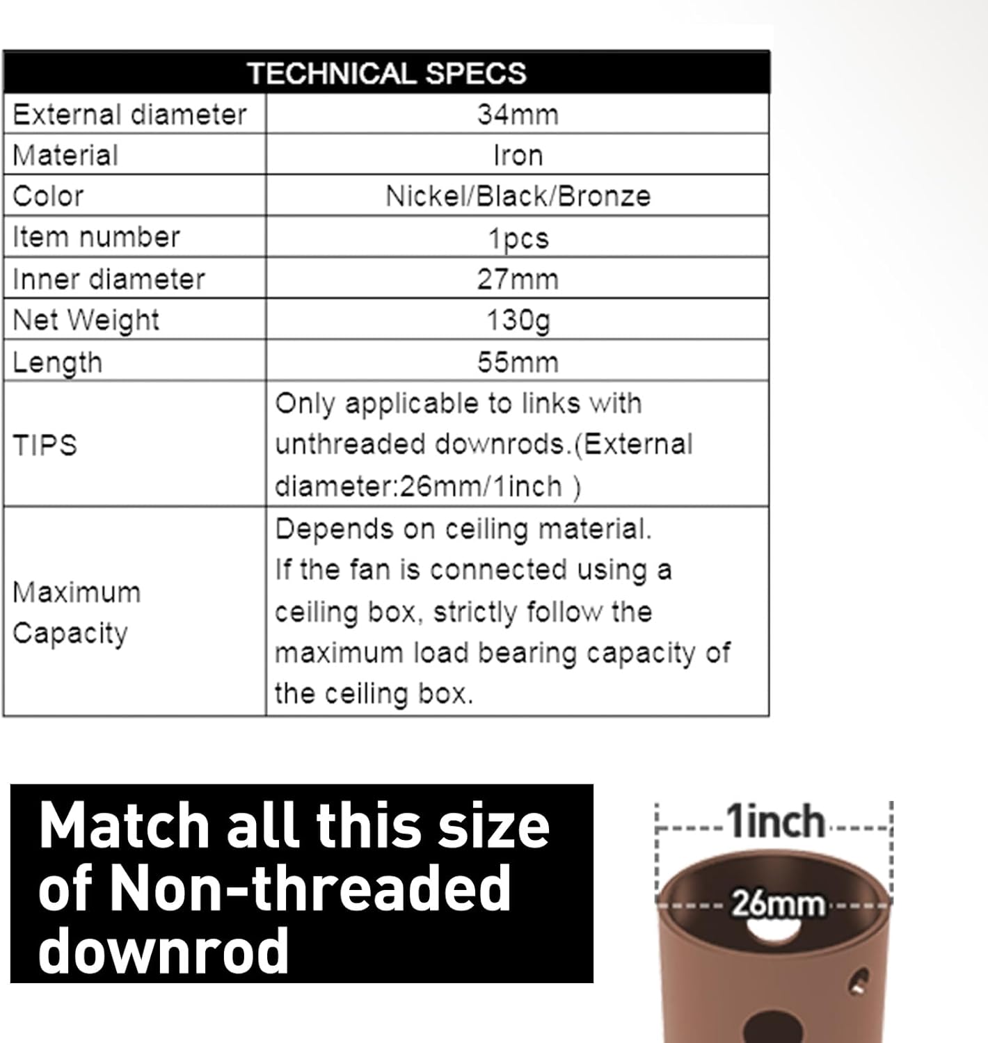 Indoor Outdoor Ceiling Fan Downrod Coupler,1.3'' Diameter and 2'' Height with Safety Clip,Antique Bronze downrod coupler for Wide Range of Fans Downrod