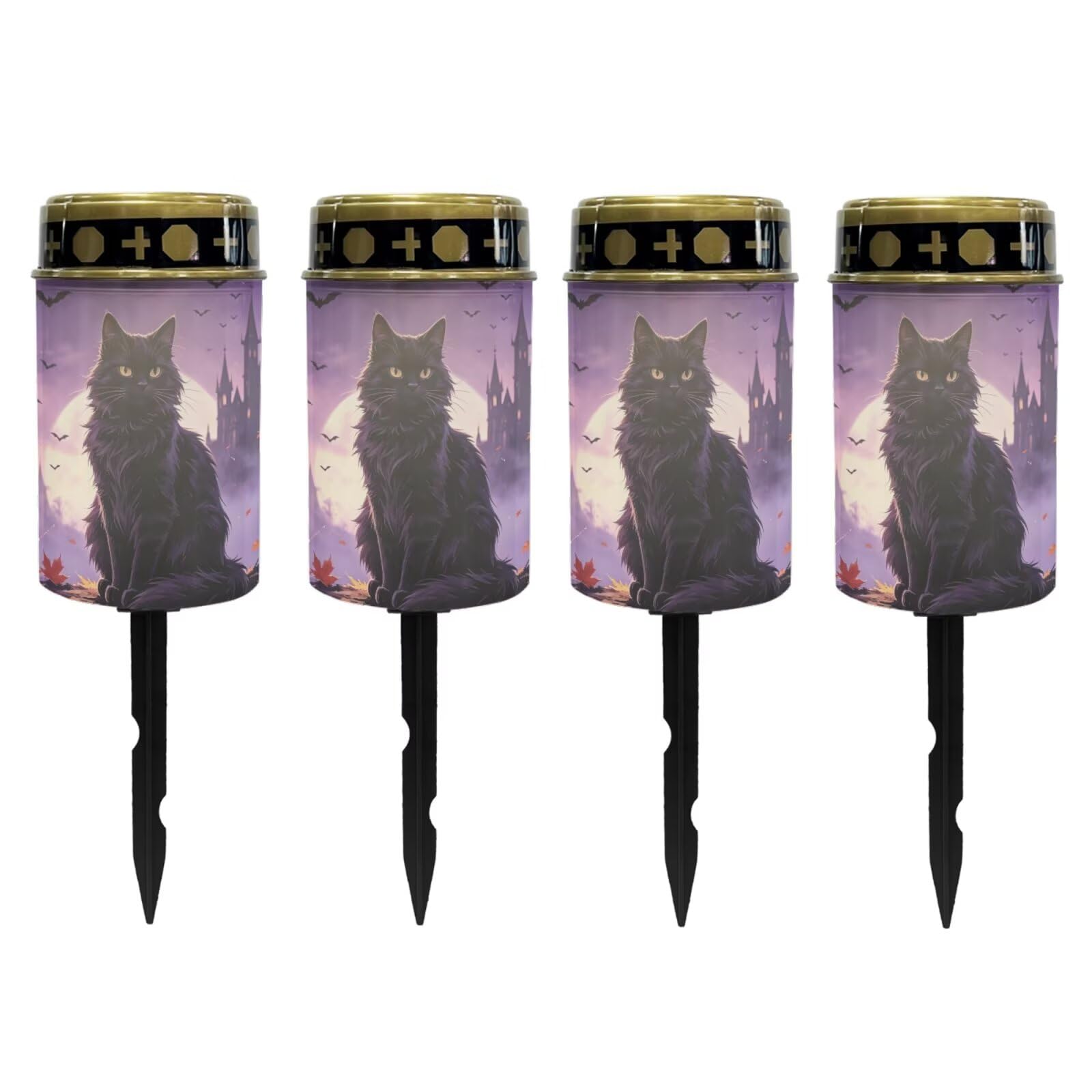 Poceacles Solar Lights Outdoor Waterproof Cemetery Solar Outdoor Candle Grave Decoration Votive Candles Blessed Lights for Loss of Loves One, Black Cat Maple Leaf Bat Print Violet, Pack of 4