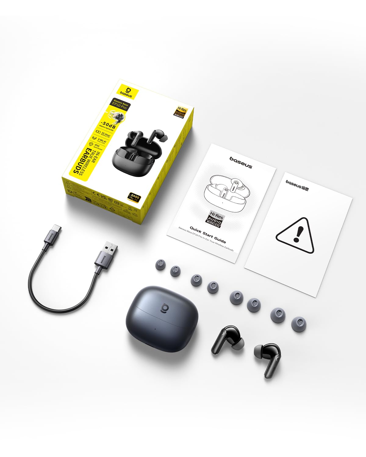 Baseus EP10 Pro In Ear Kopfhörer Bluetooth Noise Cancelling, Bluetooth Kopfhörer mit -50 dB Geräuschunterdrückung, Earbuds mit Hi-Res & LDAC, 6-Mic KI Klarer Anruf, IP55, 55H Spielzeit, Bluetooth 6.0