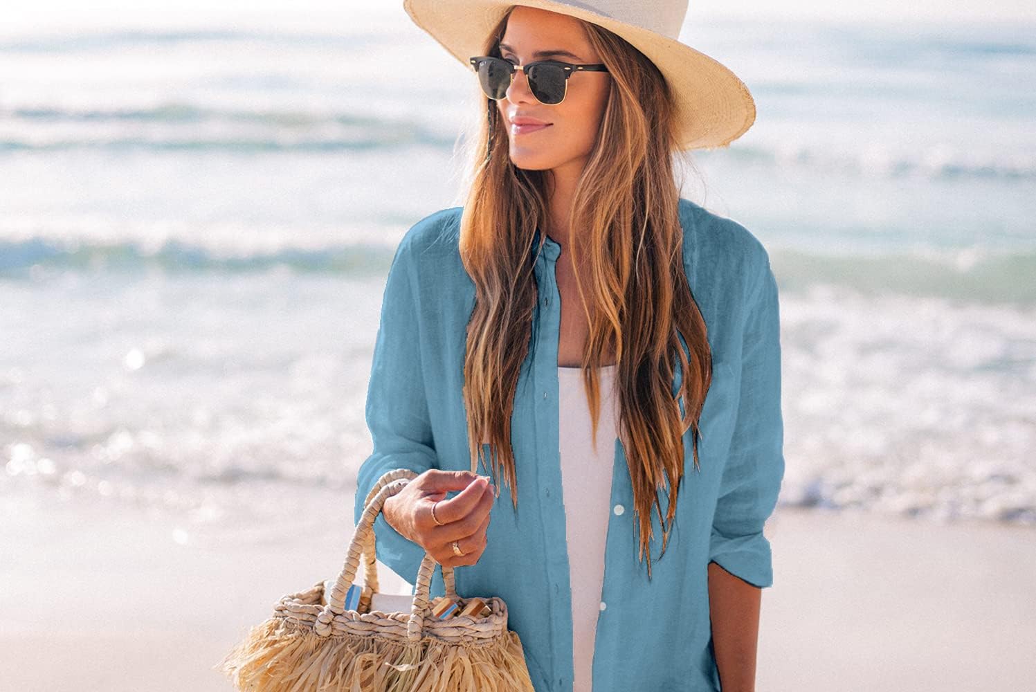 Zoye Chen Women’s Bikini Swimsuit Cover Up Button Down V Neck Shirts Long Sleeve Blouse Beachwear Bathing Suit - Image 5