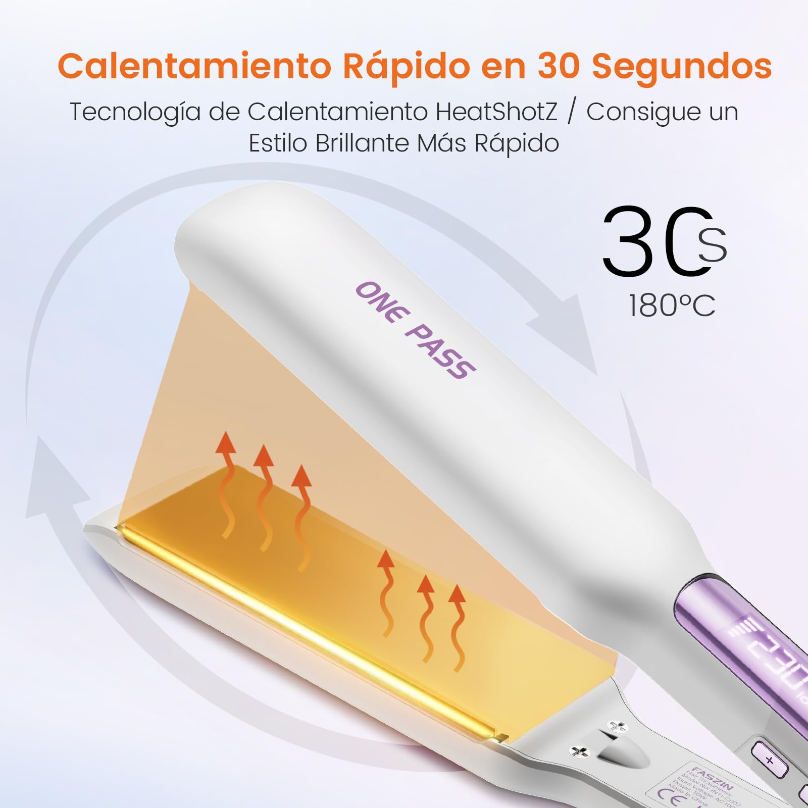 Faszin Plancha de Pelo con Placa de 42 mm de Ancho, Plancha de Titanio con Iones Negativos, Pantalla LED, Calentamiento Rápido de 30 s, Temperatura Ajustable de 11 Niveles (130-230 ℃) - Blanco